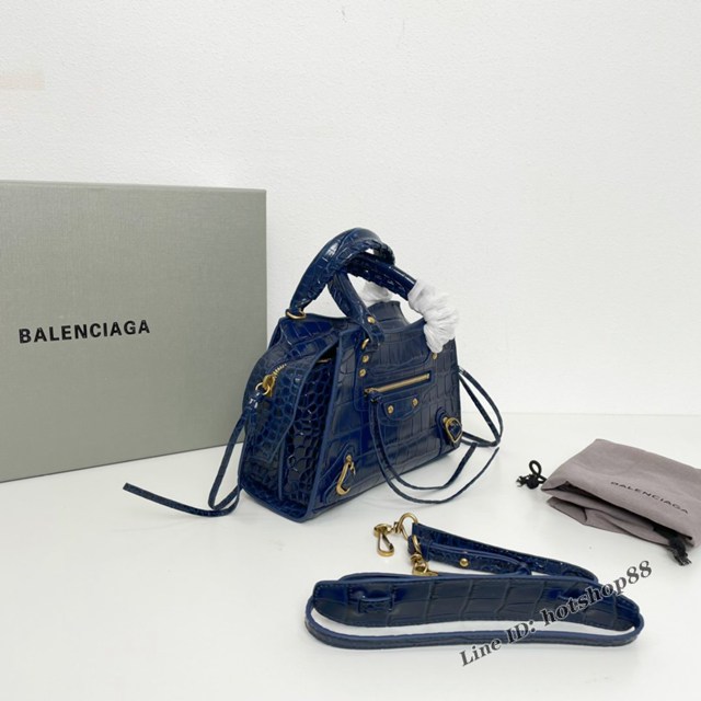 Balenciaga專櫃爆款鱷魚紋系列新版機車包 巴黎世家經典Neo Classic Mini夜空藍鱷魚紋手提女包 fyj1034